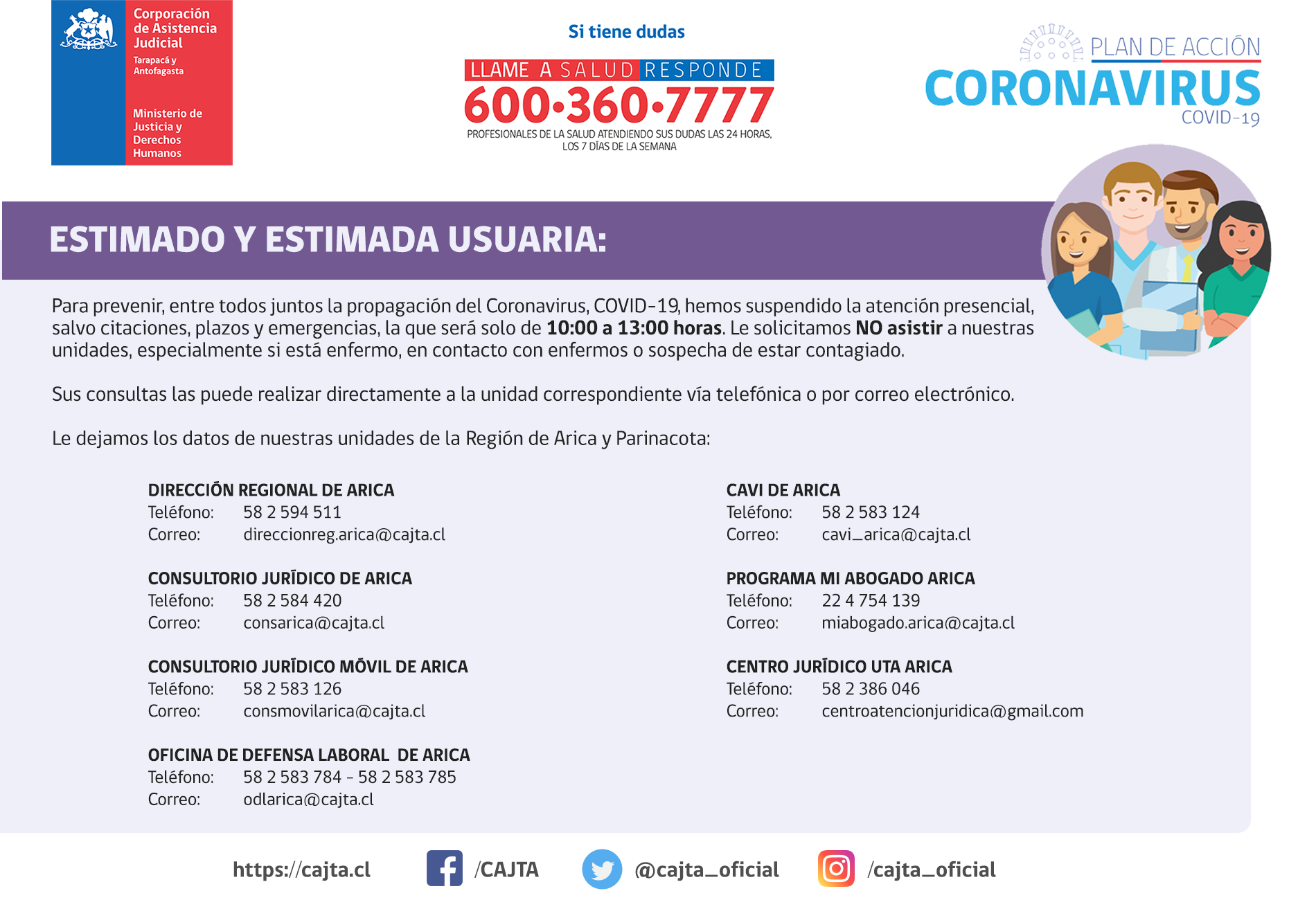 Región de Arica y Parinacota - Informa suspesión de las atenciones presenciales