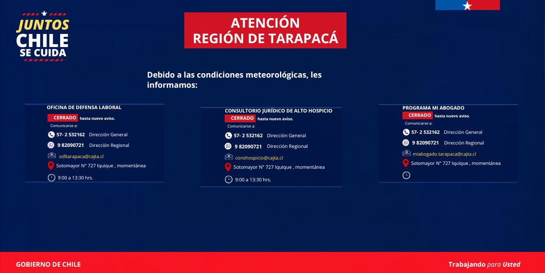ATENCIÓN REGIÓN DE TARAPACÁ. INFORMACIÓN ACTUALIZADA A CONTAR DEL 24 DE AGOSTO DE 2026