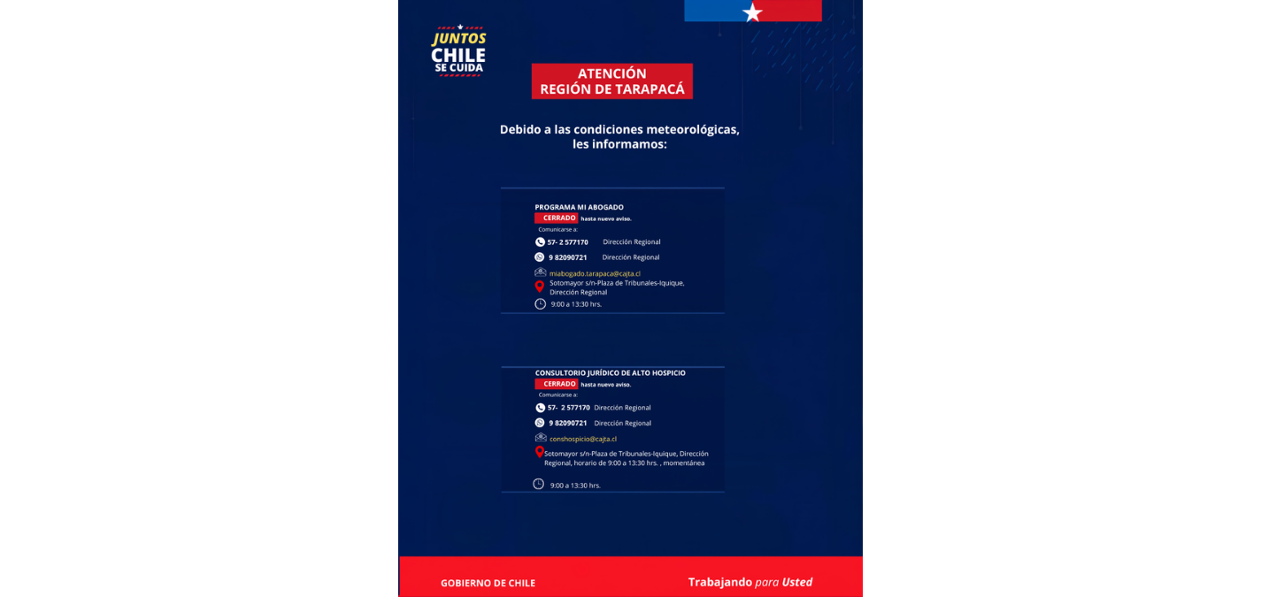ATENCIÓN REGIÓN DE TARAPACÁ. INFORMACIÓN ACTUALIZADA AL 25 DE AGOSTO DE 2026