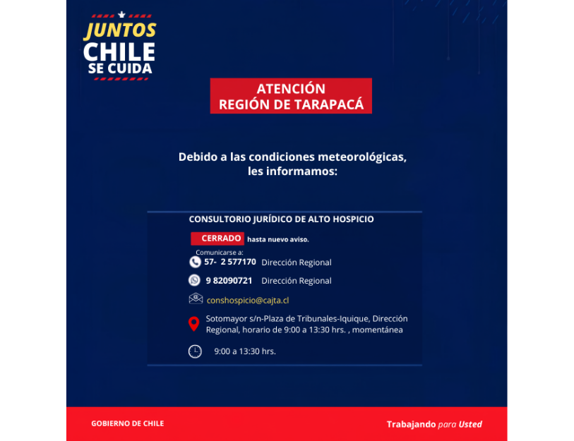 ATENCIÓN REGIÓN DE TARAPACÁ. INFORMACIÓN ACTUALIZADA AL 26 DE AGOSTO DE 2026